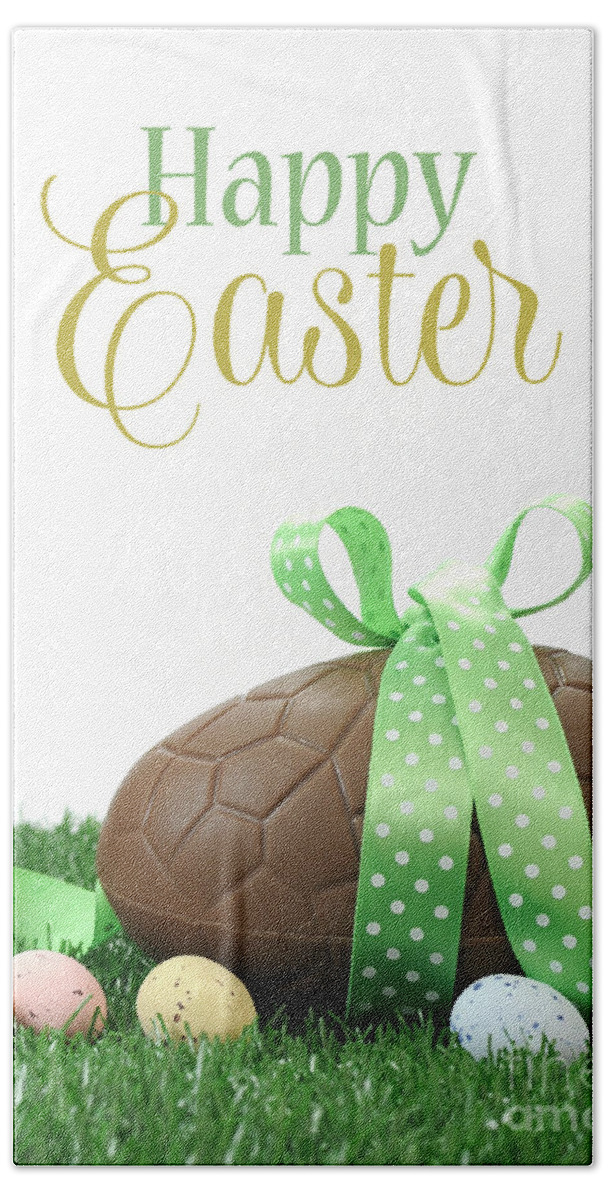 Beautiful Happy Easter large chocolate Easter egg and small candy speckled eggs on grass Beach Towel by Milleflore Images - Fine Art America